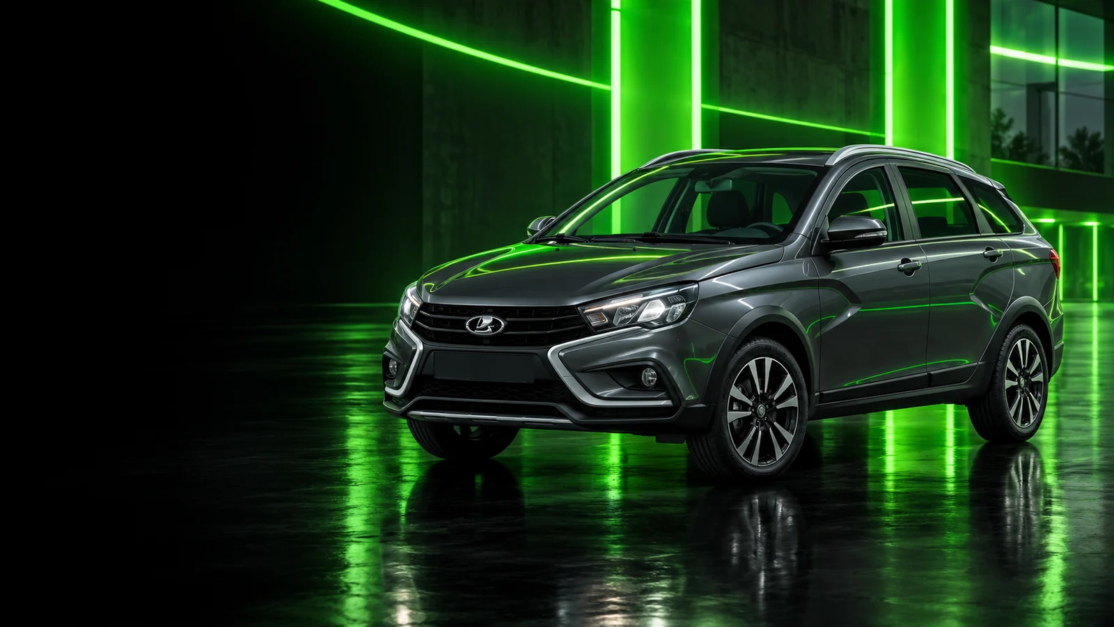 Графитовая LADA Vesta SW Cross в студии с яркой зелёной подсветкой
