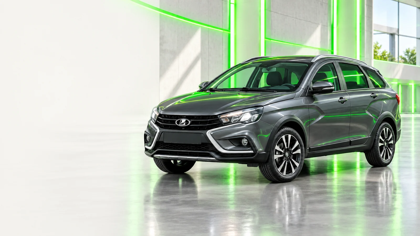 LADA Vesta SW Cross в светлой студии с зелёной подсветкой