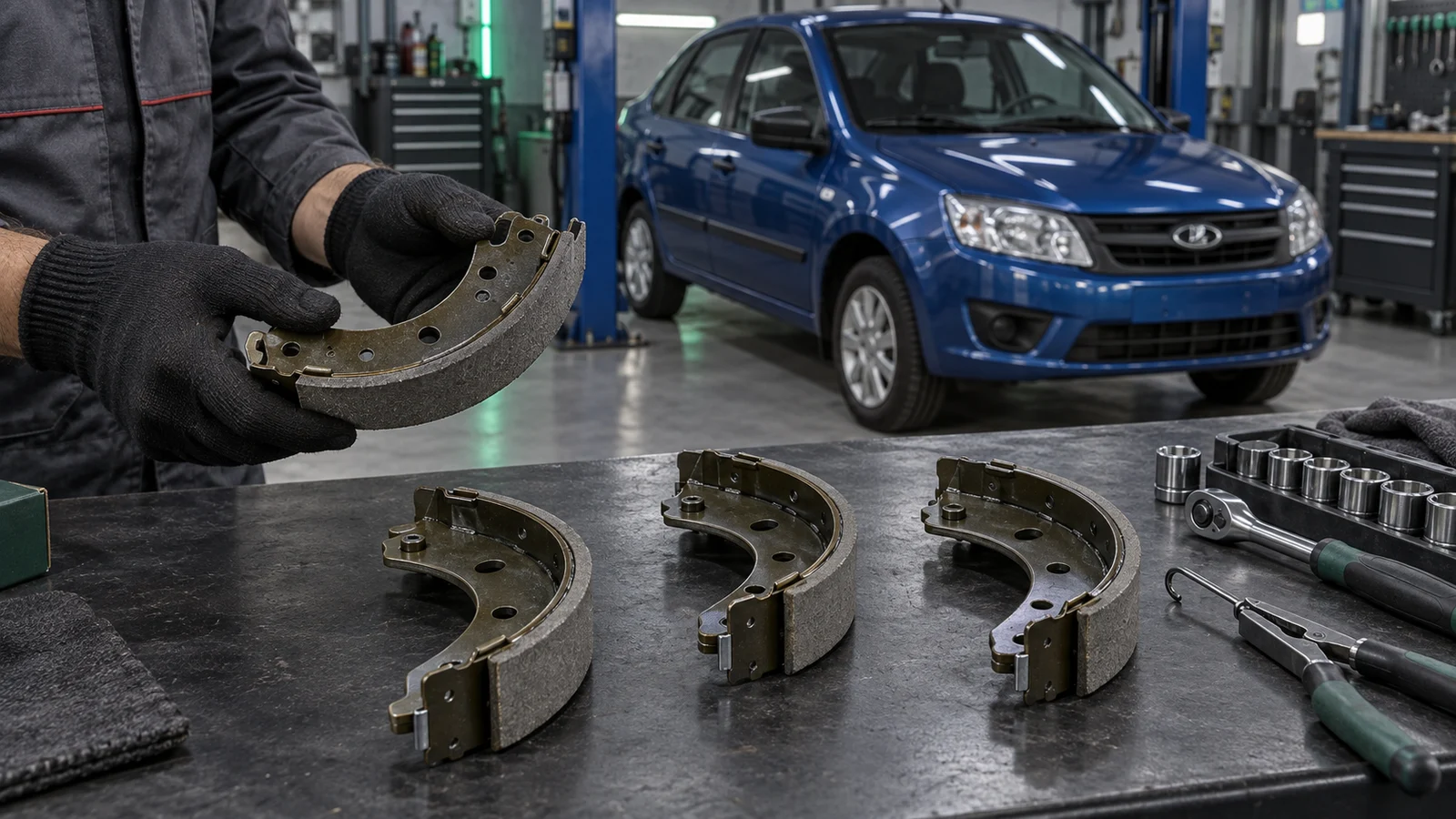 Замена задних барабанных колодок на Lada Granta