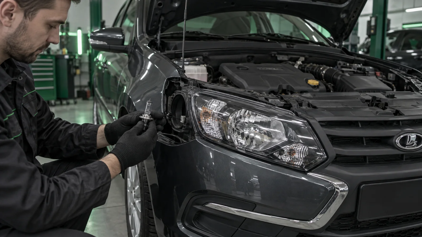 Замена лампы ближнего и дальнего света на Lada Granta
