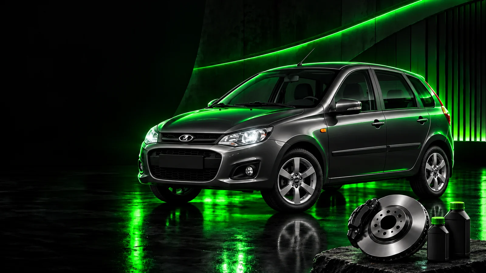 LADA Kalina II, тормозной механизм и бутылки — иллюстрация