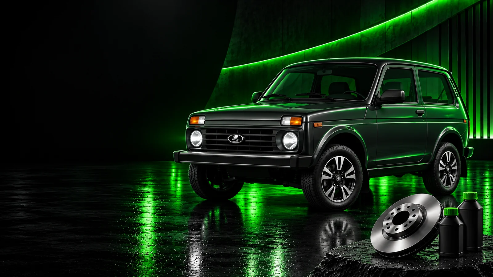 LADA Niva Legend, тормозной механизм и бутылки — иллюстрация