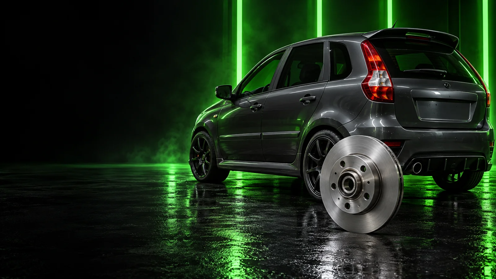LADA Kalina NFR и тормозные диски в зелёной студии