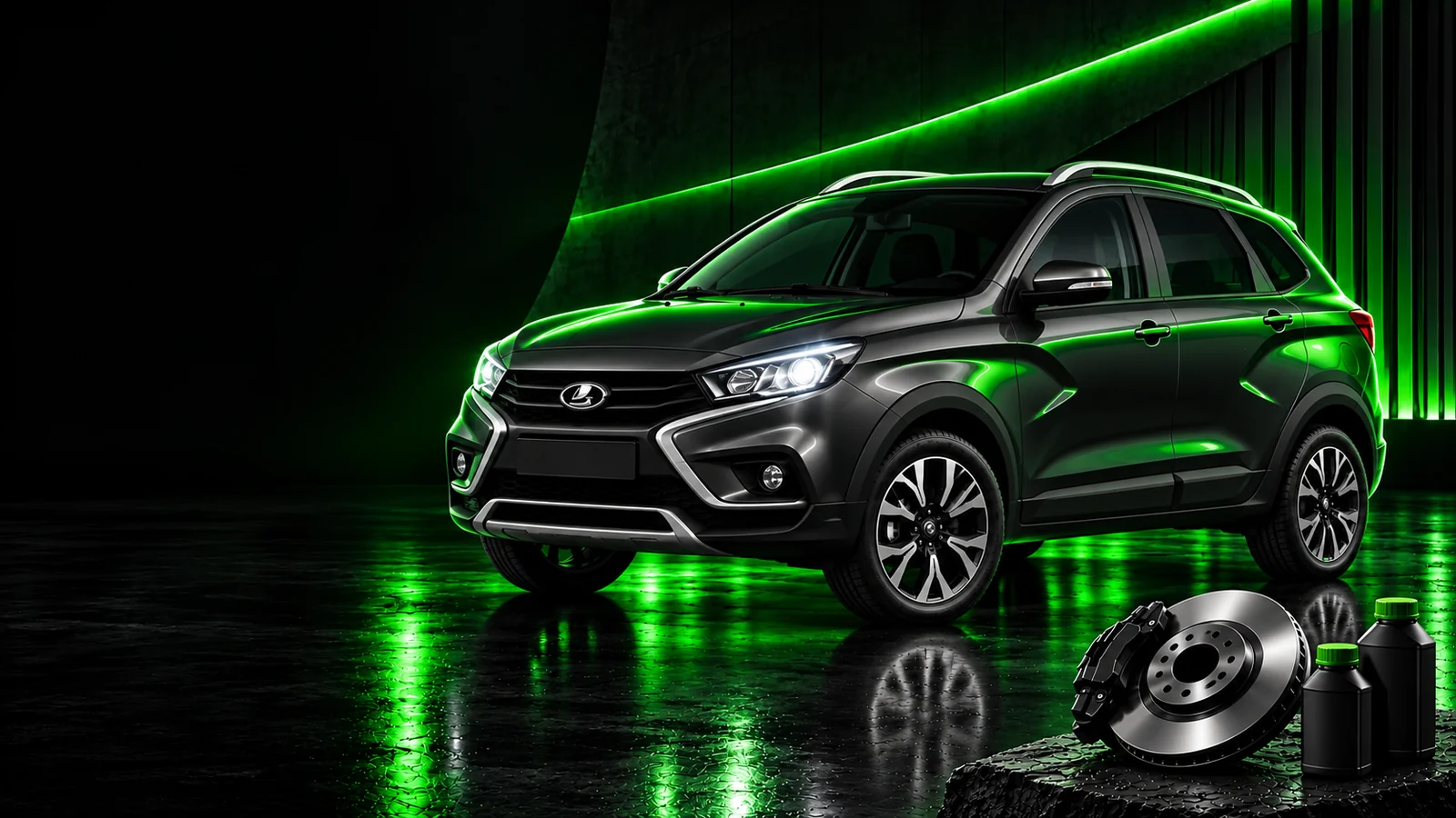 LADA XRAY Cross, тормозной механизм и бутылки — иллюстрация